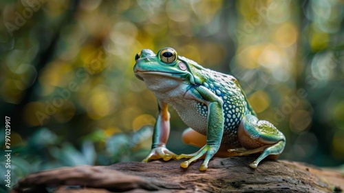 Realistic detailed image of a frog with a glossy sheen on skin sitting on textured wood, in a natural environment © Helen