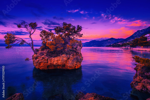 spectacular summer seascape, Brela resort, Makarska riviera, Dalmatia, Croatia, Europe, amazing sunset view
