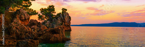 spectacular summer seascape, Brela resort, Makarska riviera, Dalmatia, Croatia, Europe, amazing sunset view
