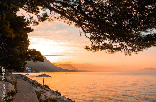 spectacular summer seascape, Drvenik resort, Makarska riviera, Dalmatia, Croatia, Europe, amazing sunset view
