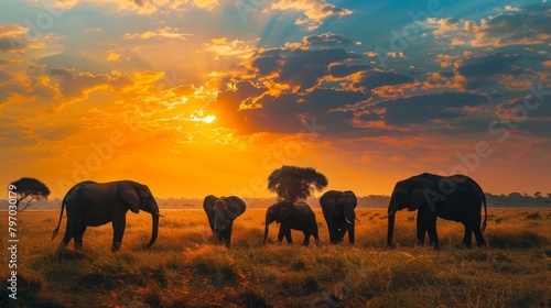 As the sky breaks into vibrant colors, a group of elephants takes a leisurely walk across the African plain