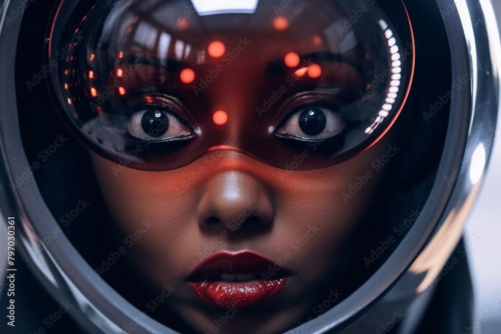 Futuristic Portrait of a Woman in a High-Tech Helmet Futuristic Portrait of a Woman in a High-Tech Helmet