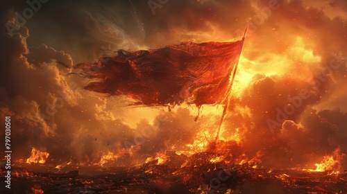 Fiery emblem adorned tattered flag ardently billowing amidst a blazing inferno photo