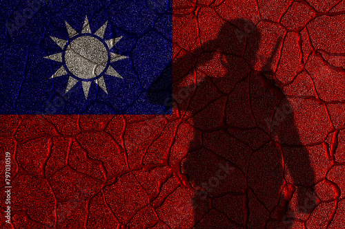 Taiwan flag painted on a cracked wall with saluting soldier shadow. 3d-rendering