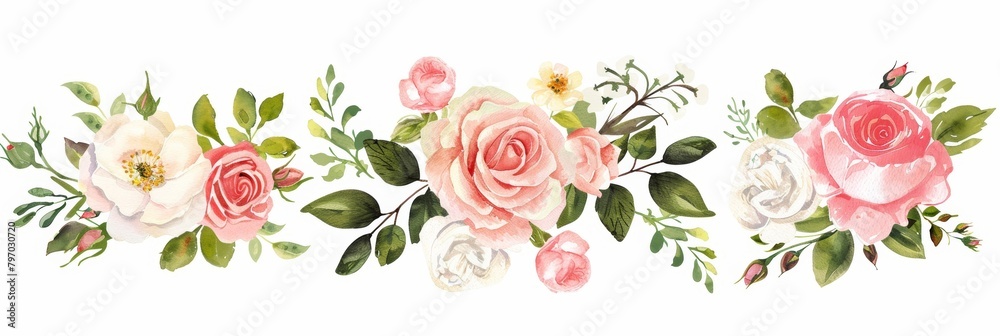 Watercolor Rose Wreath Frame with Pink and White Bouquet Generative AI