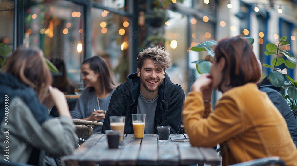 Young Man In A Cafe With Friends, Smiling And Having Fun Together - Perfect For Lifestyle, Friendship, Or Student-Themed Content Young Man In A Cafe With Friends, Smiling And Having Fun Together - Perfect For Lifestyle, Friendship, Or Student-Themed Content