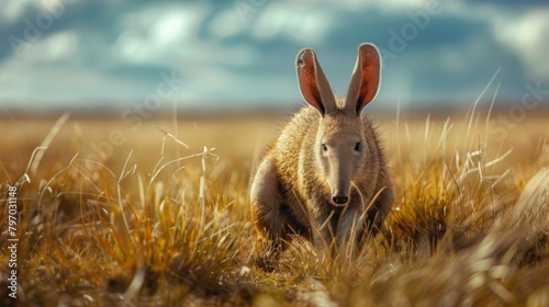 Captured in stunning detail, this image features an aardvark standing tall amid a shimmering golden field under a serene sky photo