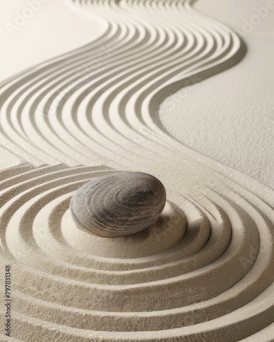 Zen stone in sand with ripple pattern
