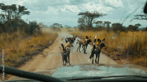 View of African wild dogs from a safari vehicle as they run down a dusty road amidst tall grasses, illustrating tourism and African wildlife photo