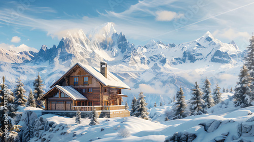 Alpine Majesty: Picturesque Chalet with Snow-Capped Peaks © Dustin