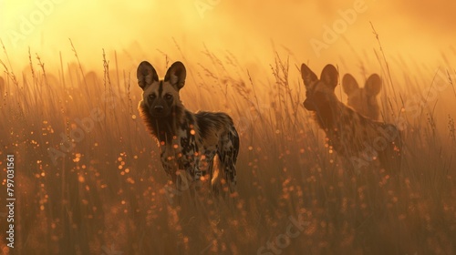 The warmth of the sunset bathes African wild dogs in light, highlighting their intricate patterns among a field of grass © Helen