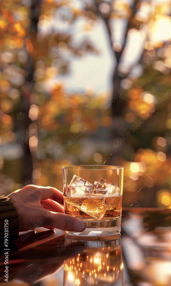 A person enjoys a glass of whiskey on the rocks during a golden sunset