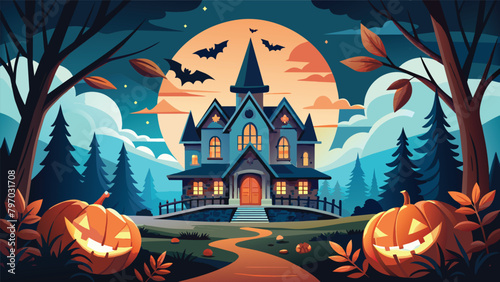 Experience the terror of Halloween night with wicked pumpkins, bats, and a haunting castle silhouetted against the full moon. Sinister banner illustration.
