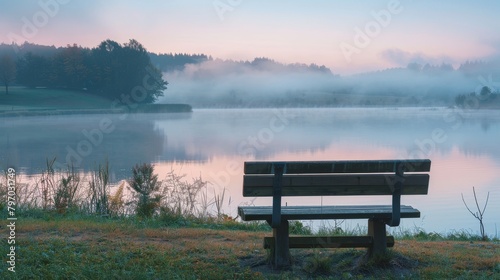 Serene Lake View at Dawn with Mist and Empty Bench