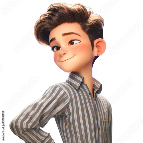 A vibrant portrait captures the essence of a youthful Thai cartoon man confidently dressed in a stylish gray striped shirt set against a sleek gray background