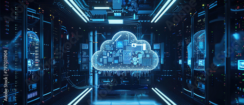a banner concept for cloud computing A cloud icon figure, inside it of an interior computer with has circuits and screens inside, with empty copy space