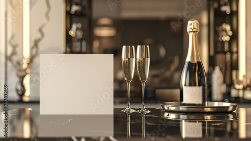Champagne bottle and flute glasses beside blank card with space for text. Mock up for event invitation or brand promotion. Concept of celebration, luxury drink branding, dining elegance, gala events