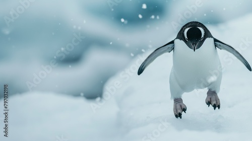 Captivating view of a penguin sliding down a snow-covered slope, highlighting the playfulness of wildlife in a serene winter setting