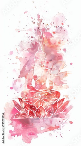 Buddha meditating on lotus position. Man in meditation. Symbol of Buddhism. Concept of enlightenment, Zen, religion, spiritual awakening, inner peace, tranquility. Watercolor artwork. Vertical