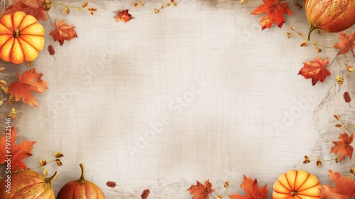 Autumn-themed frame with pumpkins and dry leaves. Fall decoration border around a blank canvas. Copy space. Mockup. Concept of autumn harvest, Thanksgiving backdrop, Halloween, festive decor. photo