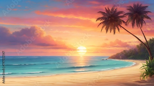 Beautiful natural view of tropical beach and sea at sunset