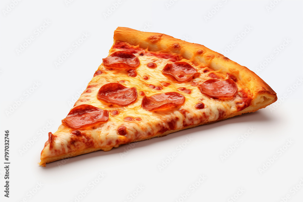 Slice of pizza on white background. Piece of pizza. Pizza related topics. Food related topics. Fast food. Image for graphic designer. Italian restaurant. Pizza delivery. Pizza restaurant chain.