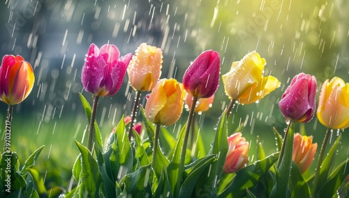 Colorful tulips in gentle rain shower #797032717