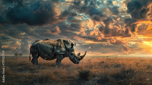 Silhouette of a lone rhino stands against a fiery sunset sky over the African savannah  conveying a sense of wilderness