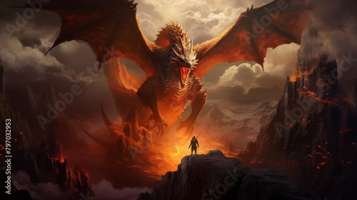 A valiant warrior battles a fearsome winged dragon in a dramatic fantasy landscape photo