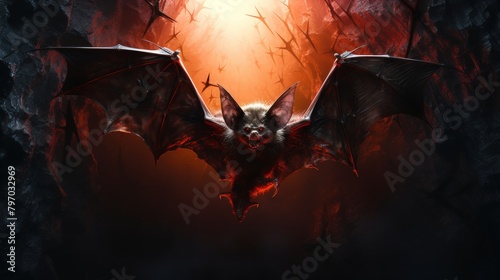 Fierce vampire bat emerges from the dark, fiery cave in a dramatic fantasy portrayal