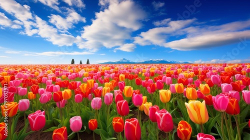 Expansive tulip field under blue sky with mountains and clouds in the background