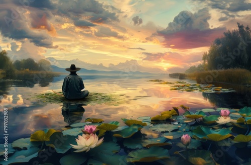 Person Meditating by a Serene Lake at Sunset