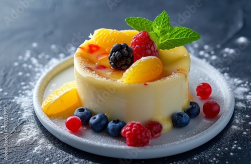 Delicious fruit topped panna cotta on a dark background