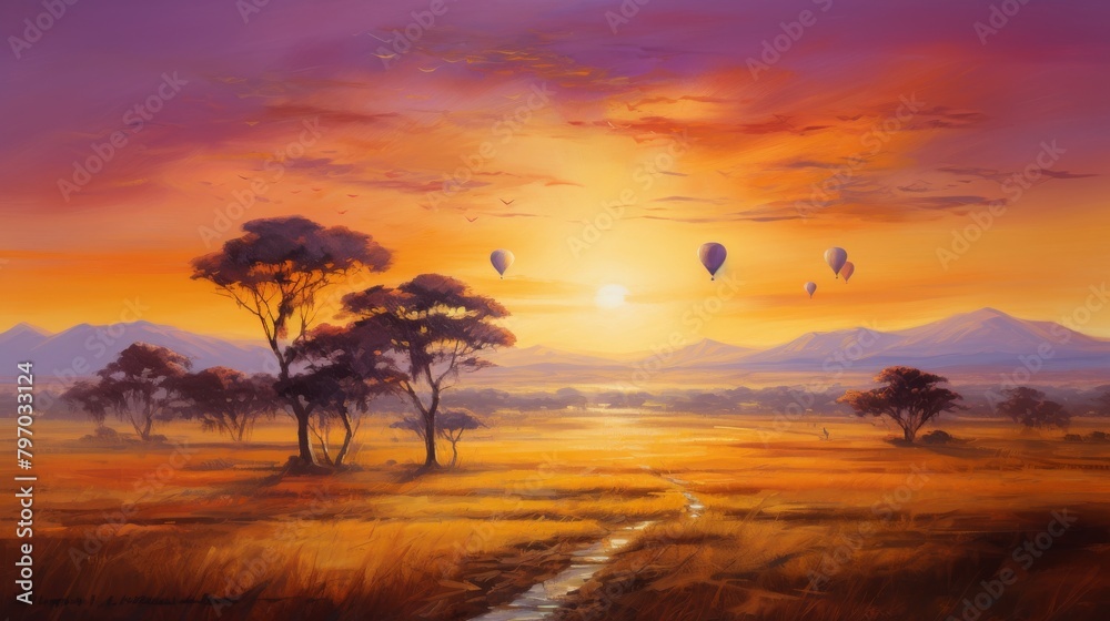 Golden sunrise over a serene African savanna with flying birds and distant mountains