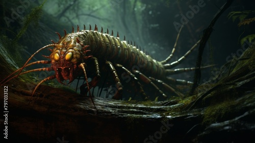 Stunning close-up of a venomous centipede in a misty jungle setting