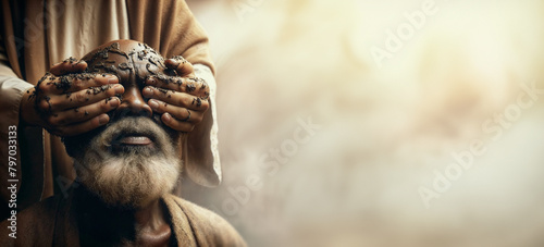 The Healing of the Blind Man. The Blind Man's Eyes Opened by Jesus, Revealing the Miracle of Healing and Spiritual Awakening. The Miracle of Jesus Healing the Blind. Gospel of John