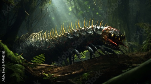 Stunning close-up of a venomous centipede in a misty jungle setting