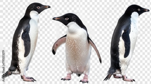 An image featuring three individual Gentoo penguins isolated on a transparent background for clear and multipurpose usage photo