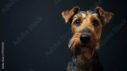 Close-up shot of a terrier dog looking attentively with ears perked up, set against a dark background for dramatic effect