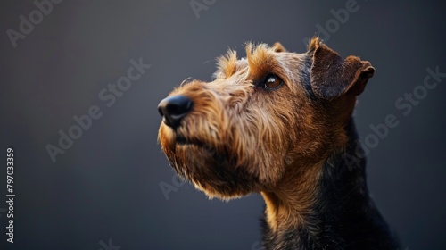 Front profile of a terrier dog with focused intense brown eyes, showcasing the animal's dignified and noble expression