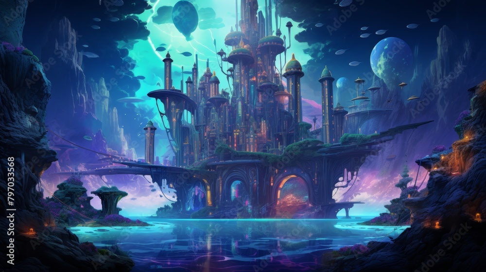 Surreal underwater city with neon lights and futuristic architecture