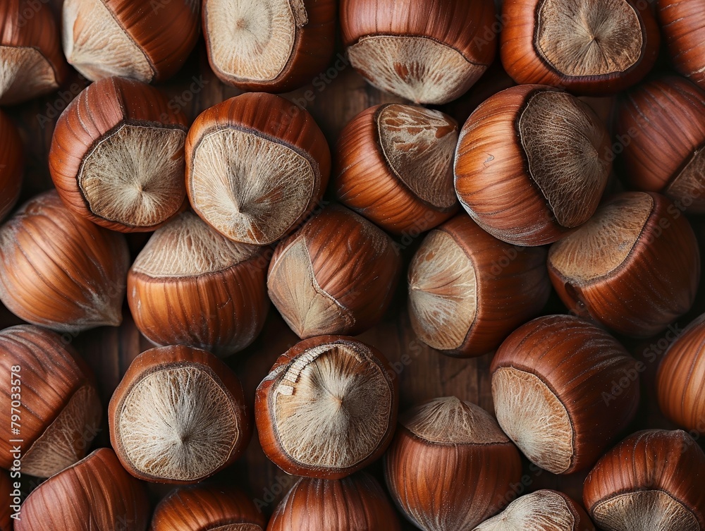 Close-up of Hazelnuts on Wooden Background
