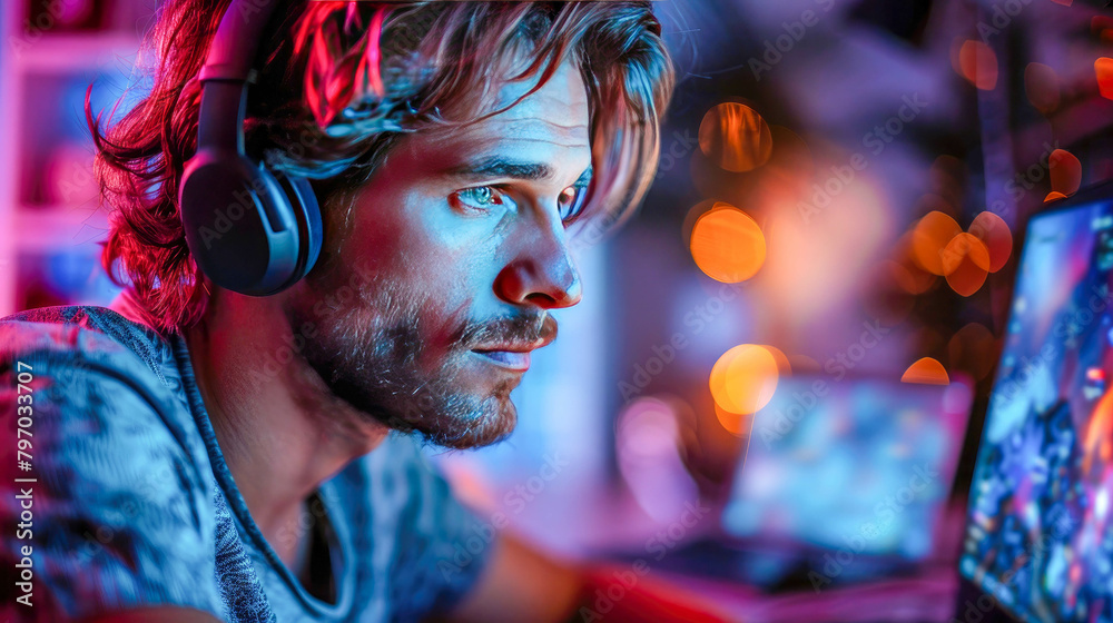 Portrait of a young man playing online video games with headphones