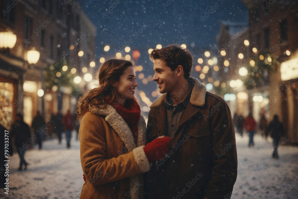 young happy couple on Christmas street, enjoying the holiday