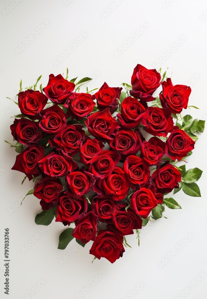 Heart-shaped arrangement of red roses on a white background