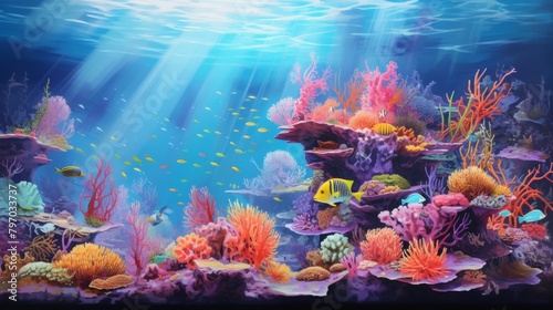 Stunning underwater coral reef scene filled with colorful fauna and sunlit waters © Yusif