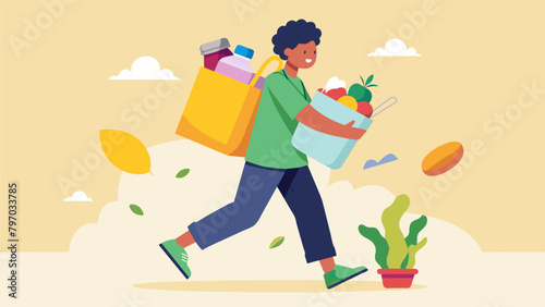 A person carrying a cloth shopping bag filled with bulk food items avoiding plastic packaging.