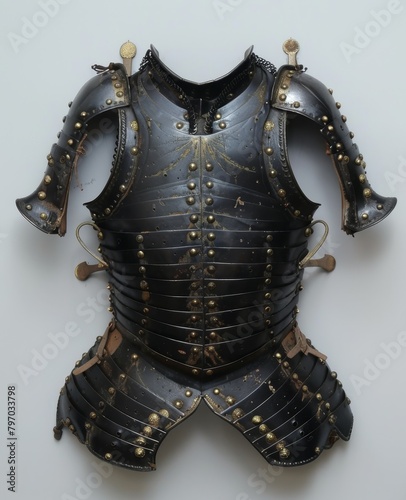 Antique medieval armor displayed on a neutral background