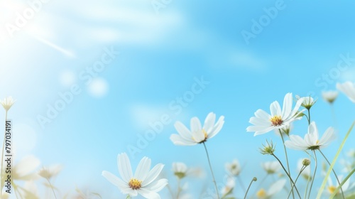 The image showcases a field of white daisies with soft petals, reaching for the sunlight pouring from a clear blue sky