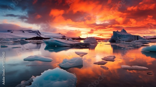 Stunning Icelandic glacier lagoon under a fiery sunset sky